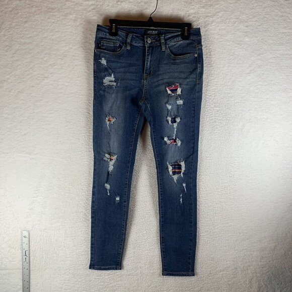 Judy Blue Jeans‎ Women's 9 Flannel Distressed Mid-Rise Skinny Fit Zip Fly 9694 - Picture 1 of 13